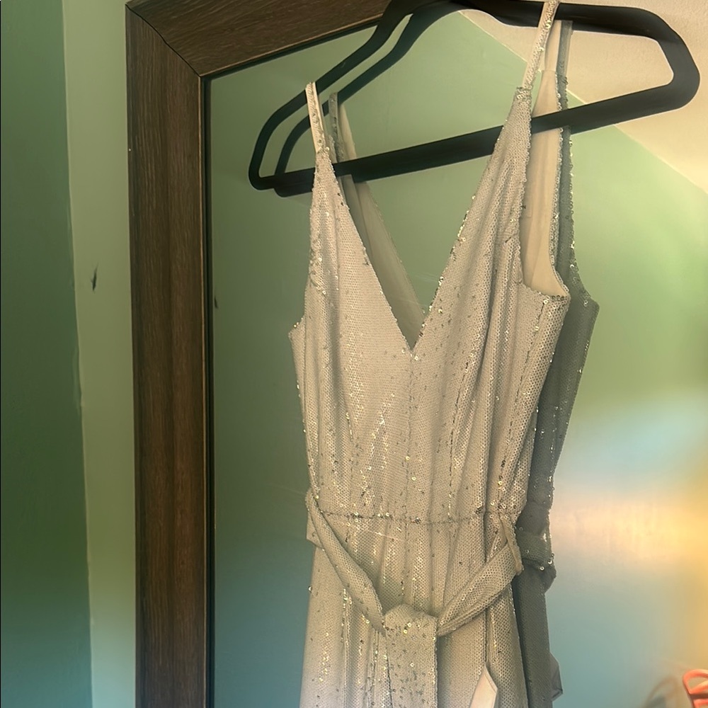 Dress The Population Elegant Silver Sequence Jumpsuit X-Small